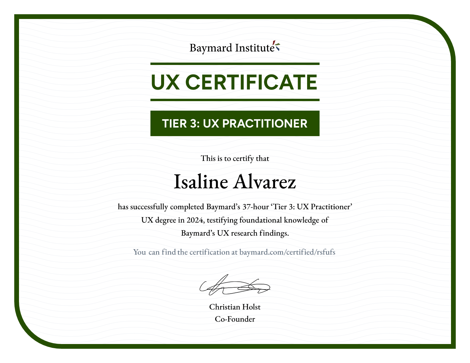 Isaline Alvarez’s certificate