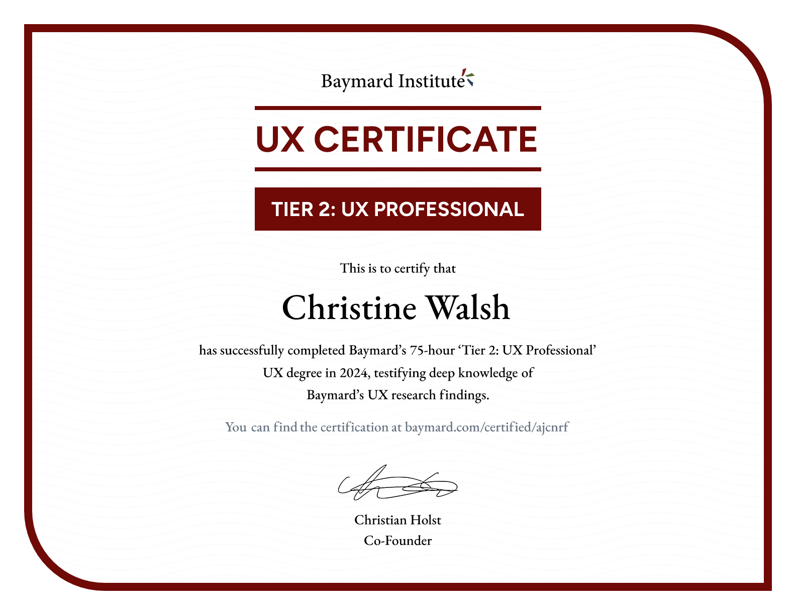 Christine Walsh’s certificate