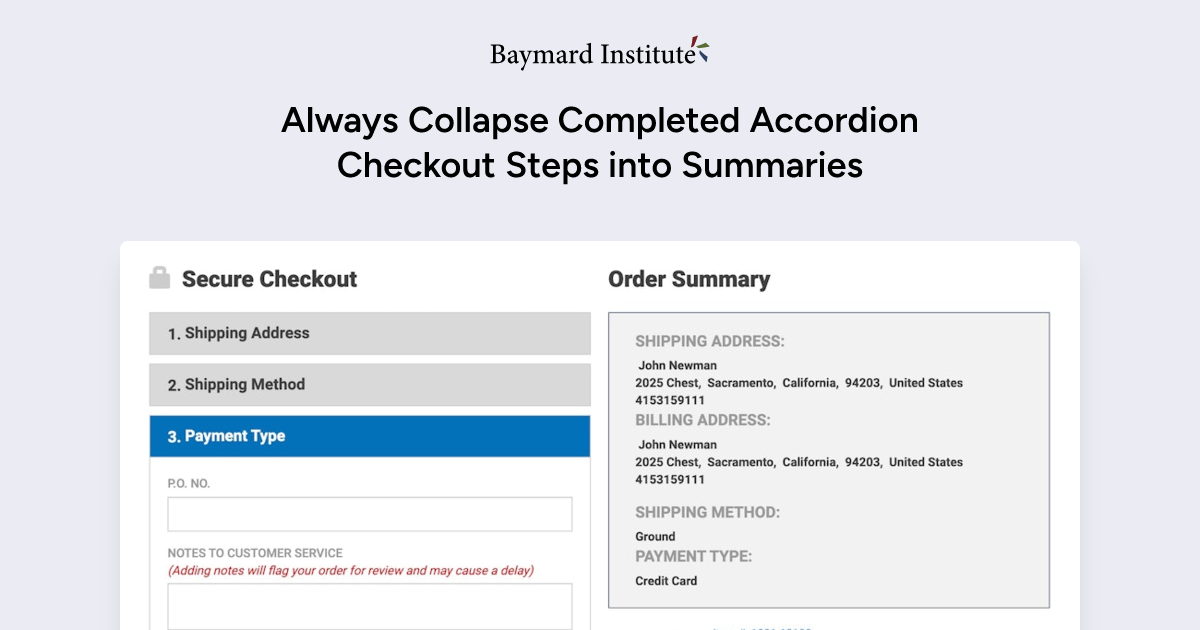 Always Collapse Completed Accordion Checkout Steps into Summaries – Articles  – Baymard Institute