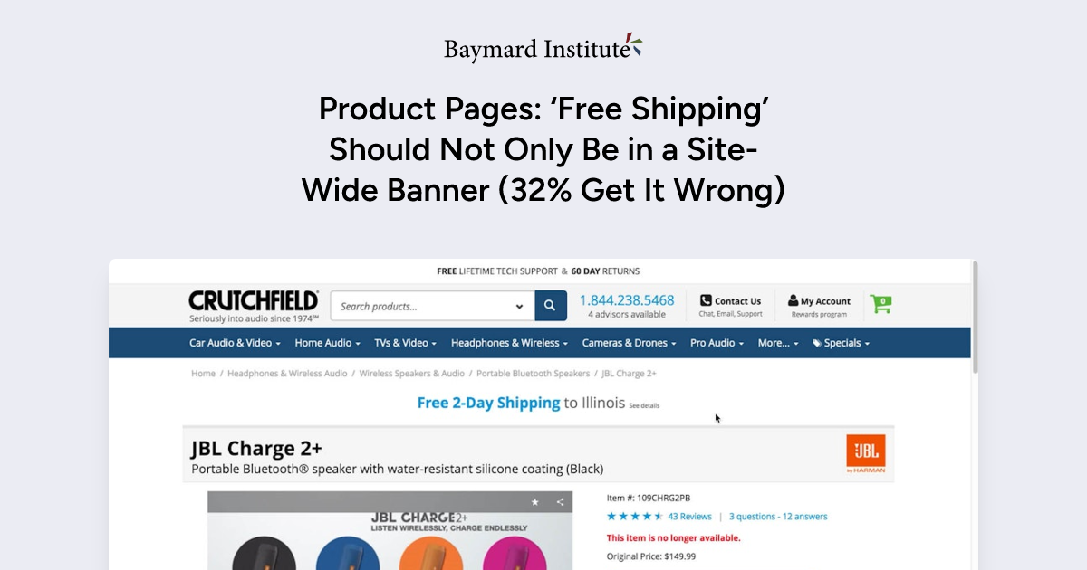 Product Pages: 'Free Shipping' Should Not Only Be in a Site-Wide Banner  (32% Get It Wrong) – Articles – Baymard Institute