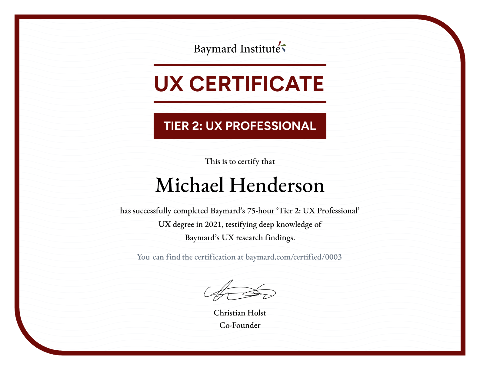 Michael Henderson’s certificate