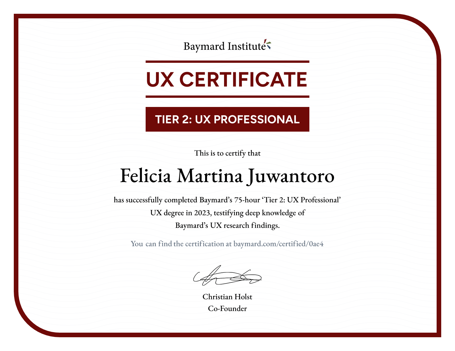 Felicia Martina Juwantoro’s certificate