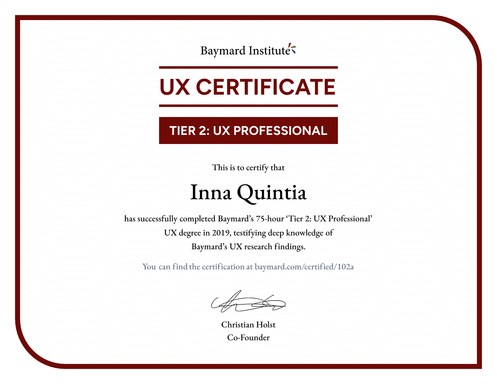 Inna Quintia’s certificate