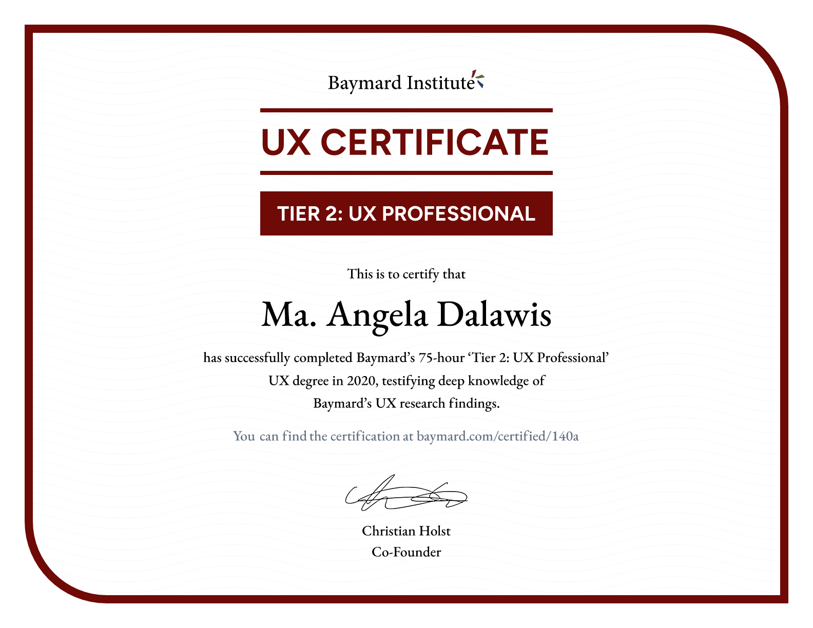 Ma. Angela Dalawis’s certificate