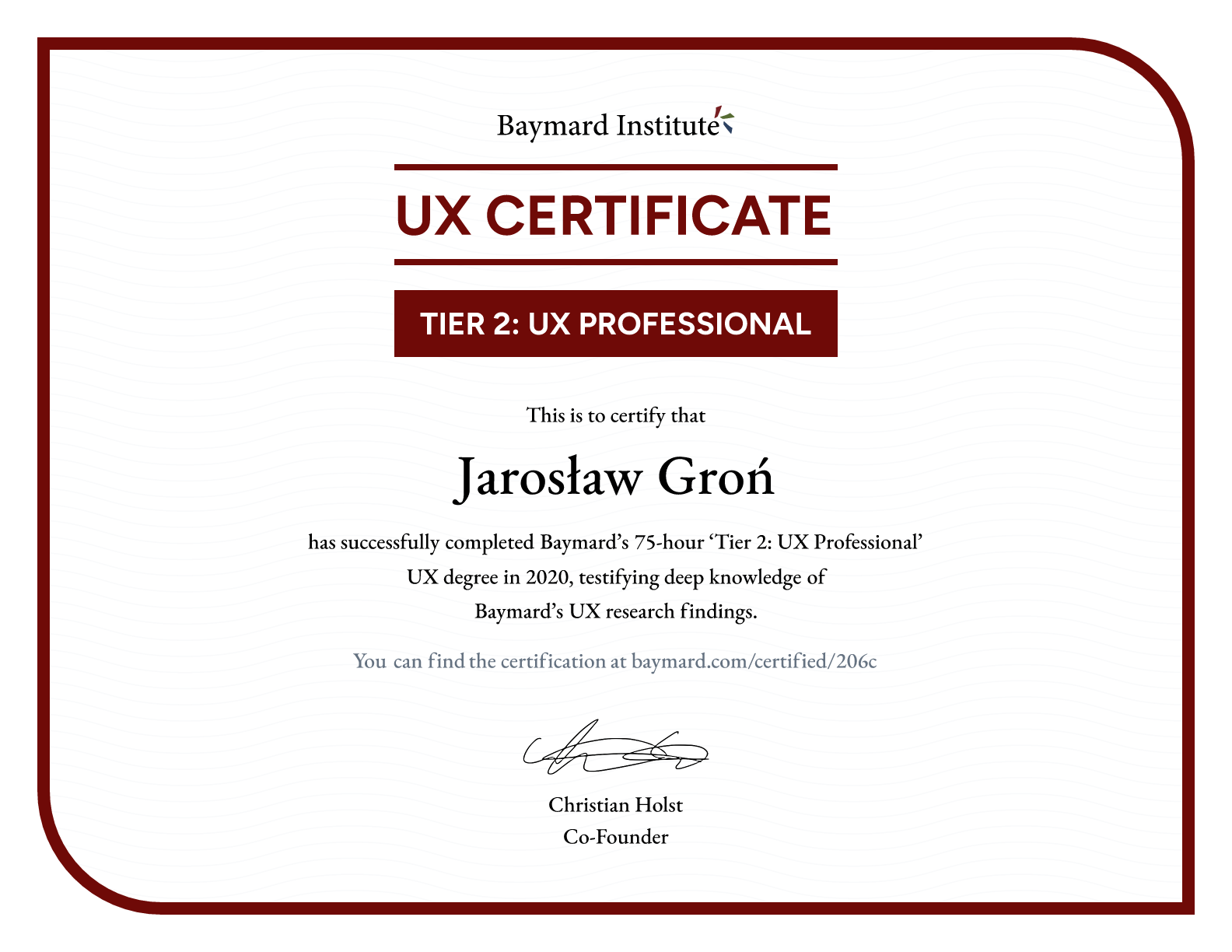 Jarosław Groń’s certificate