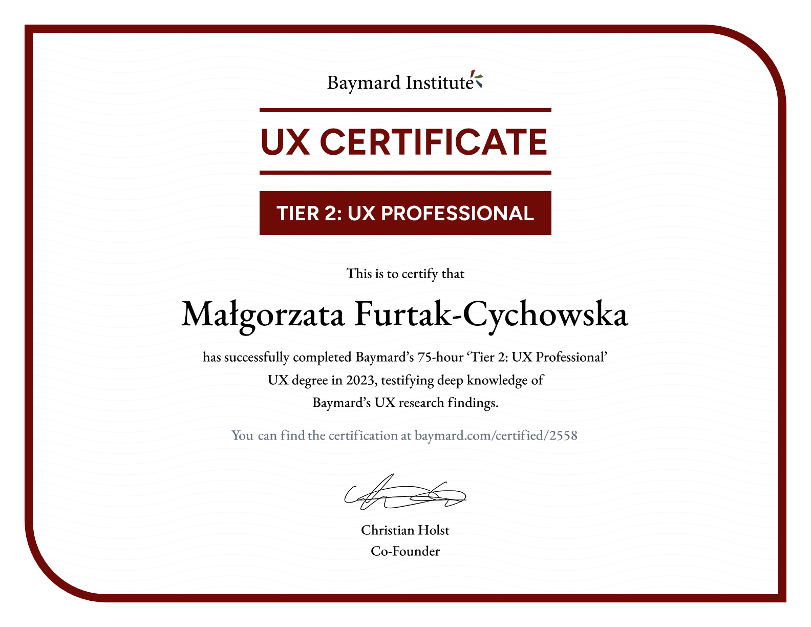 Małgorzata Furtak-Cychowska’s certificate