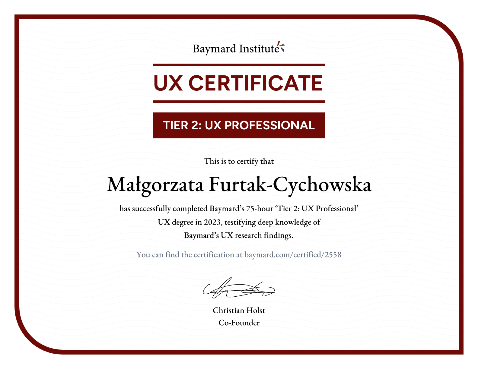 Małgorzata Furtak-Cychowska’s certificate