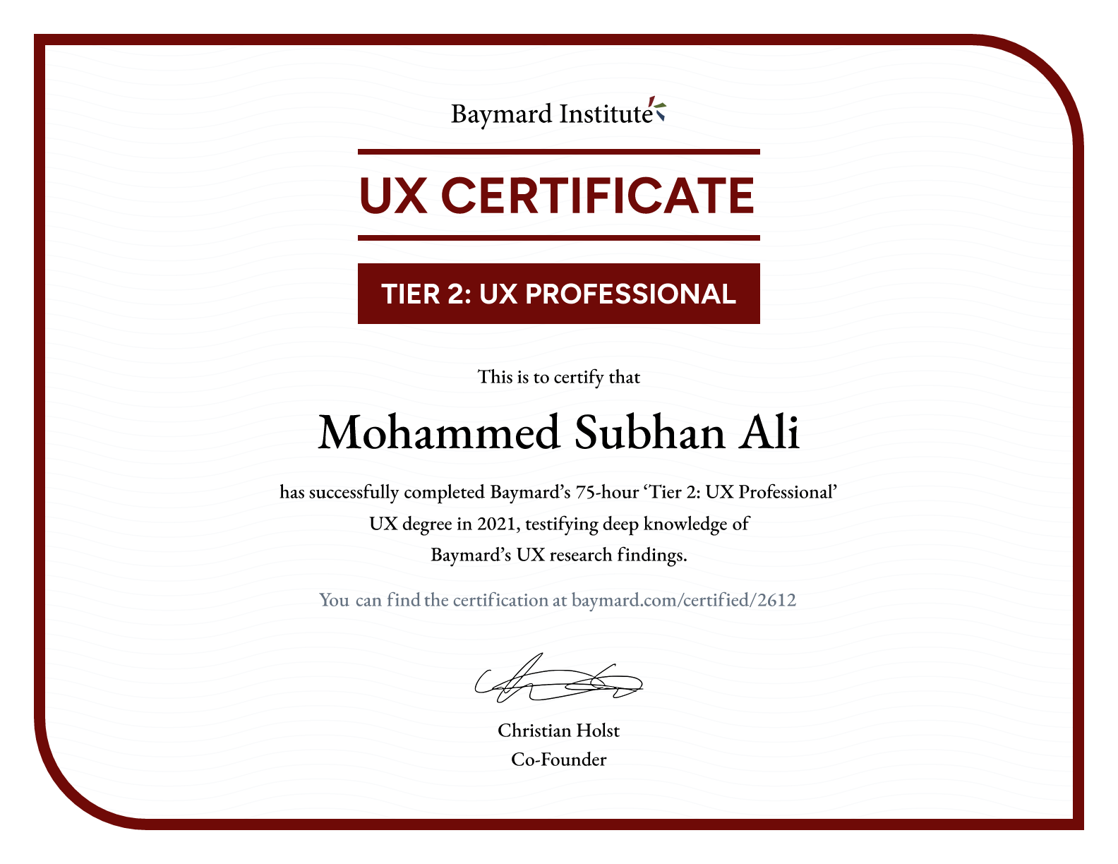Mohammed Subhan Ali’s certificate