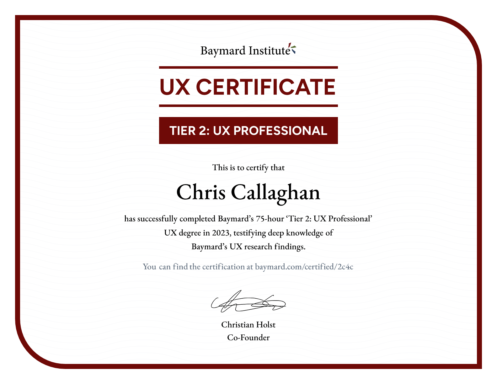 Chris Callaghan’s certificate