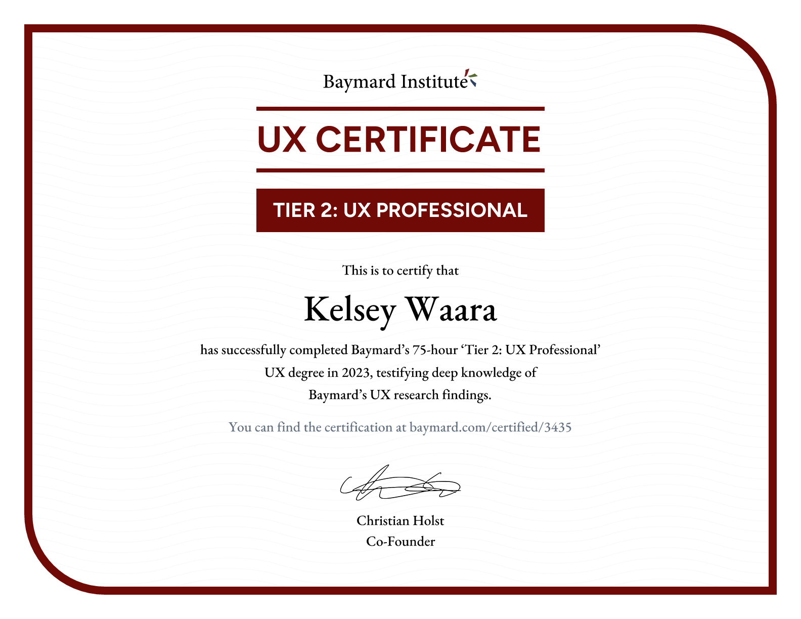 Kelsey Waara’s certificate