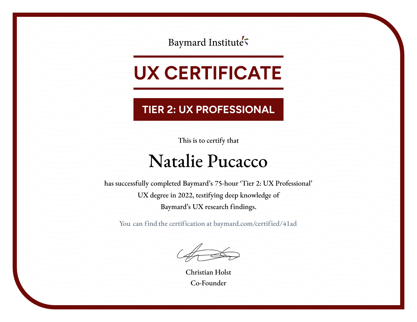 Natalie Pucacco’s certificate