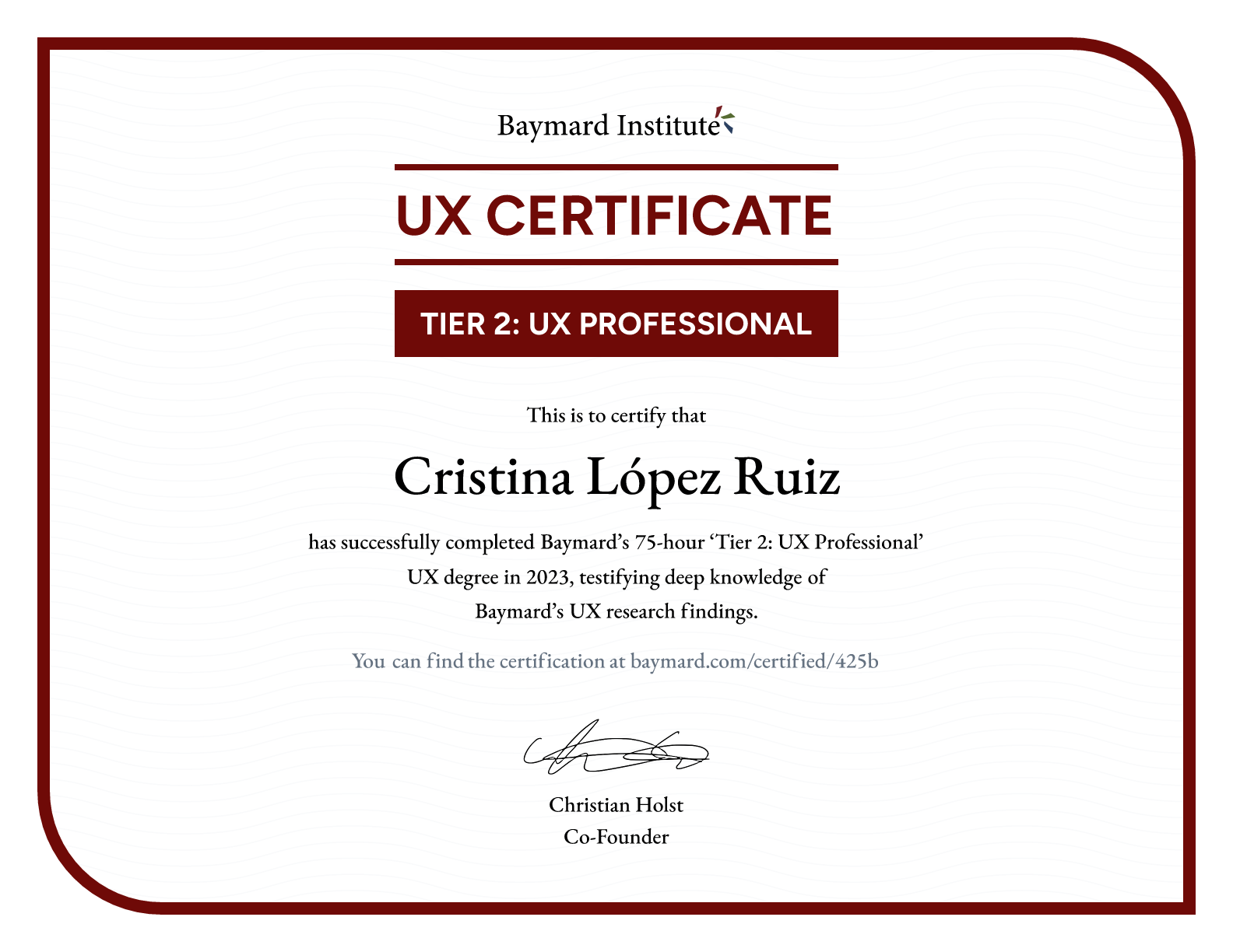 Cristina López Ruiz’s certificate