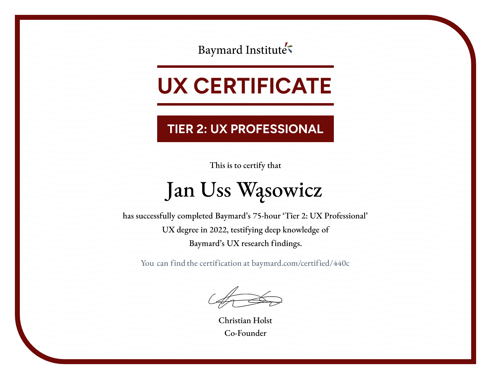 Jan Uss Wąsowicz’s certificate