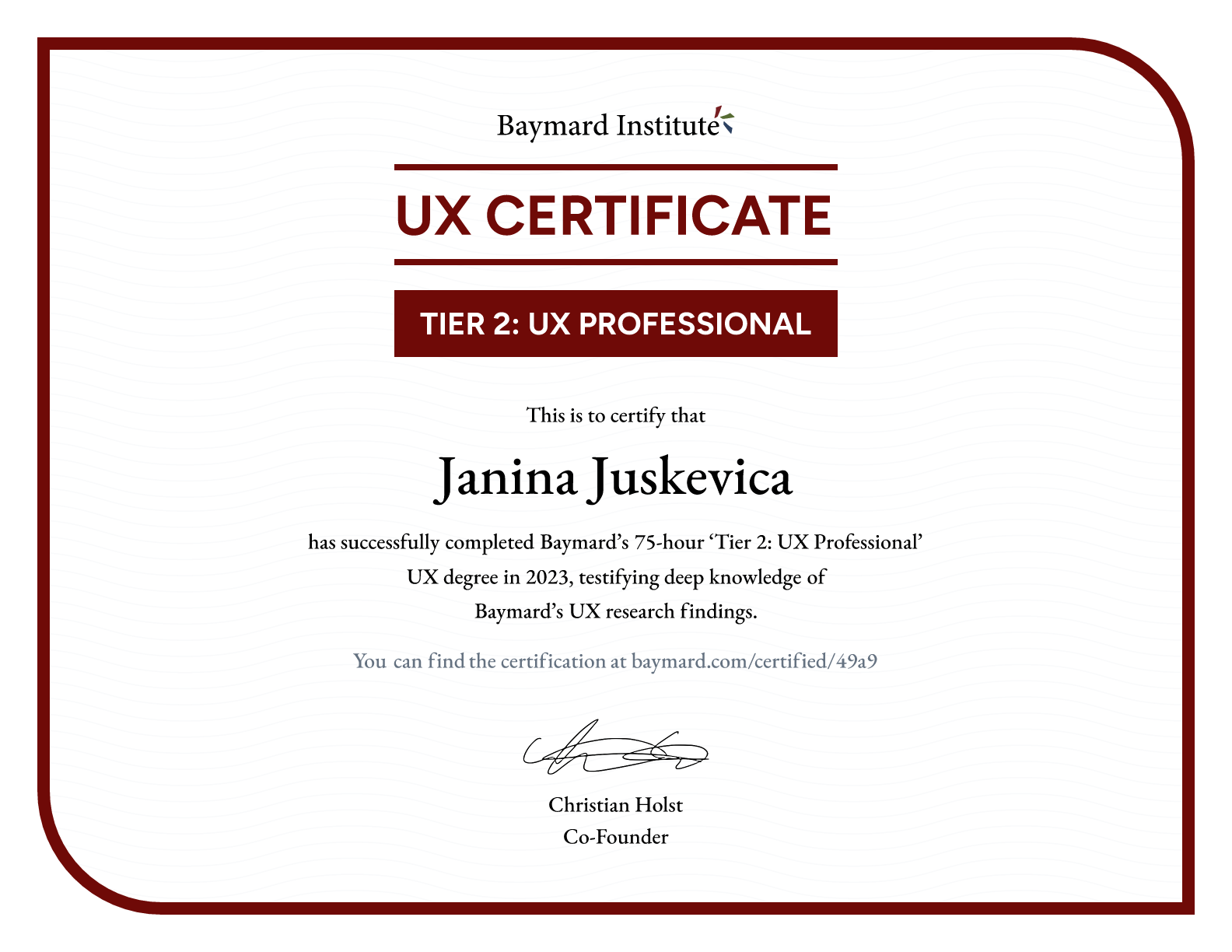Janina Juskevica’s certificate