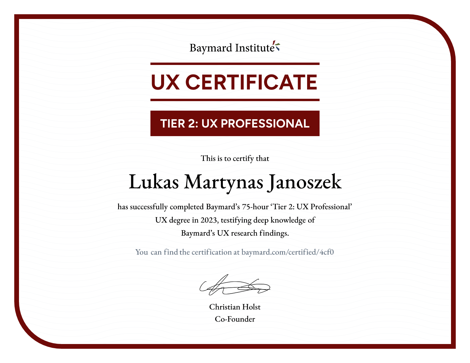 Lukas Martynas Janoszek’s certificate