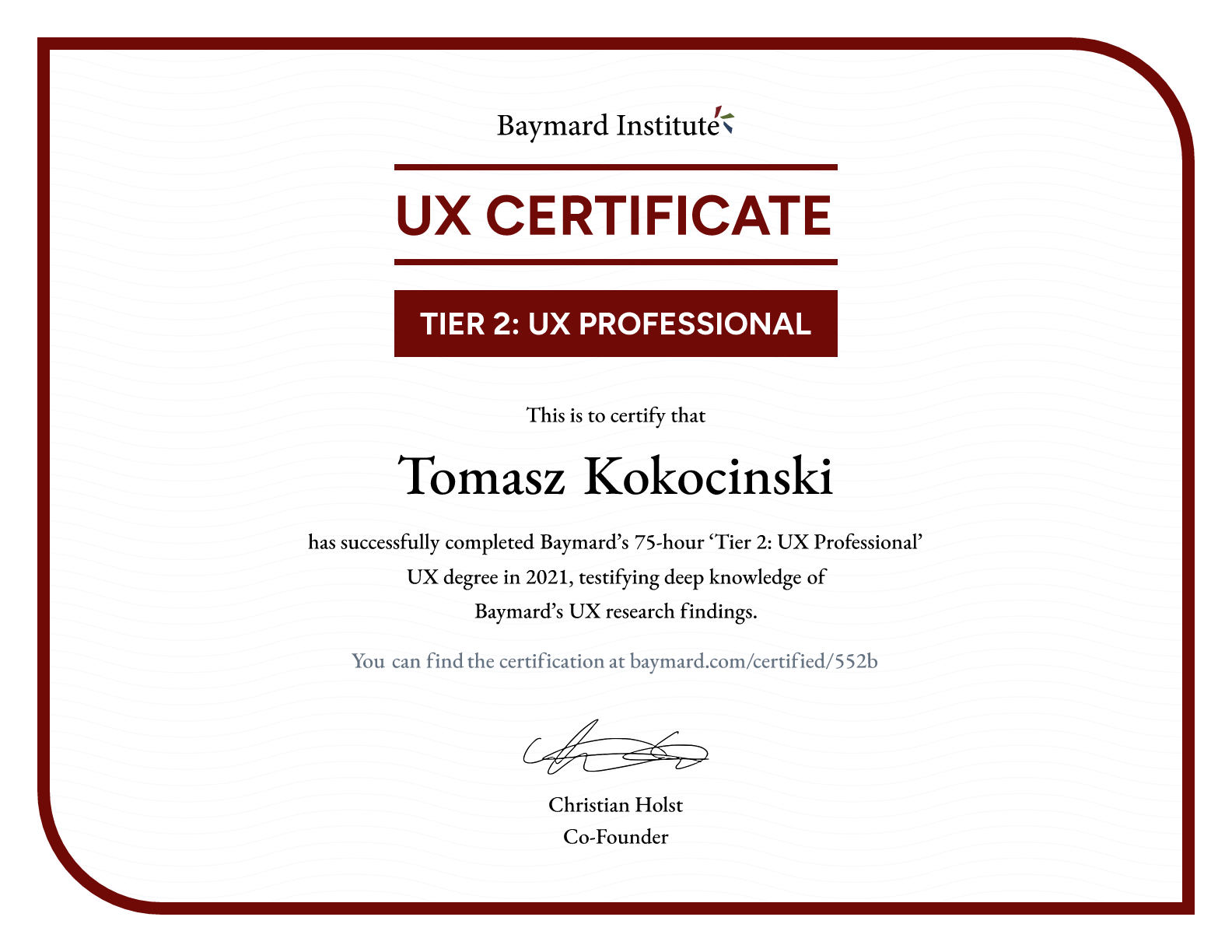 Tomasz Kokocinski’s certificate