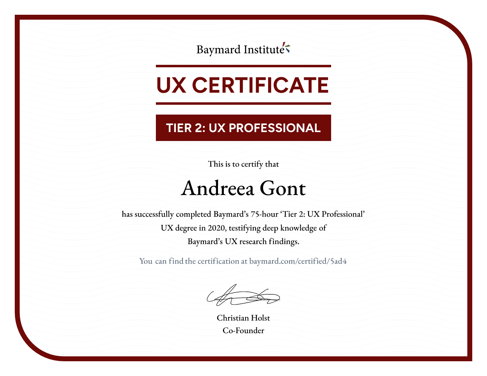 Andreea Gont’s certificate