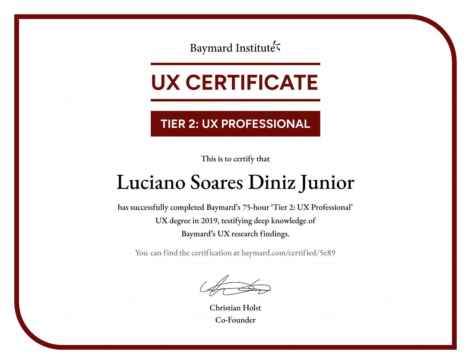 Luciano Soares Diniz Junior’s certificate