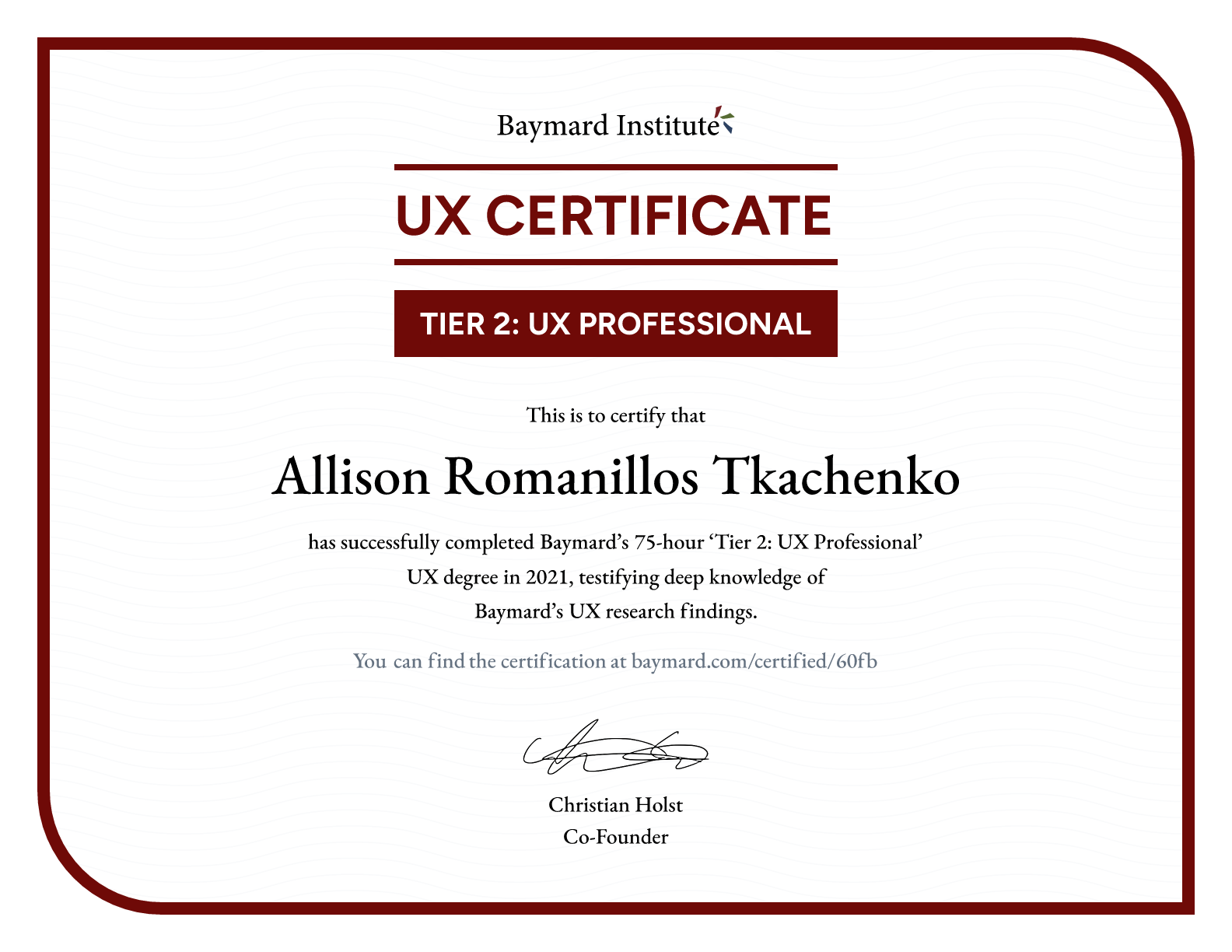 Allison Romanillos Tkachenko’s certificate