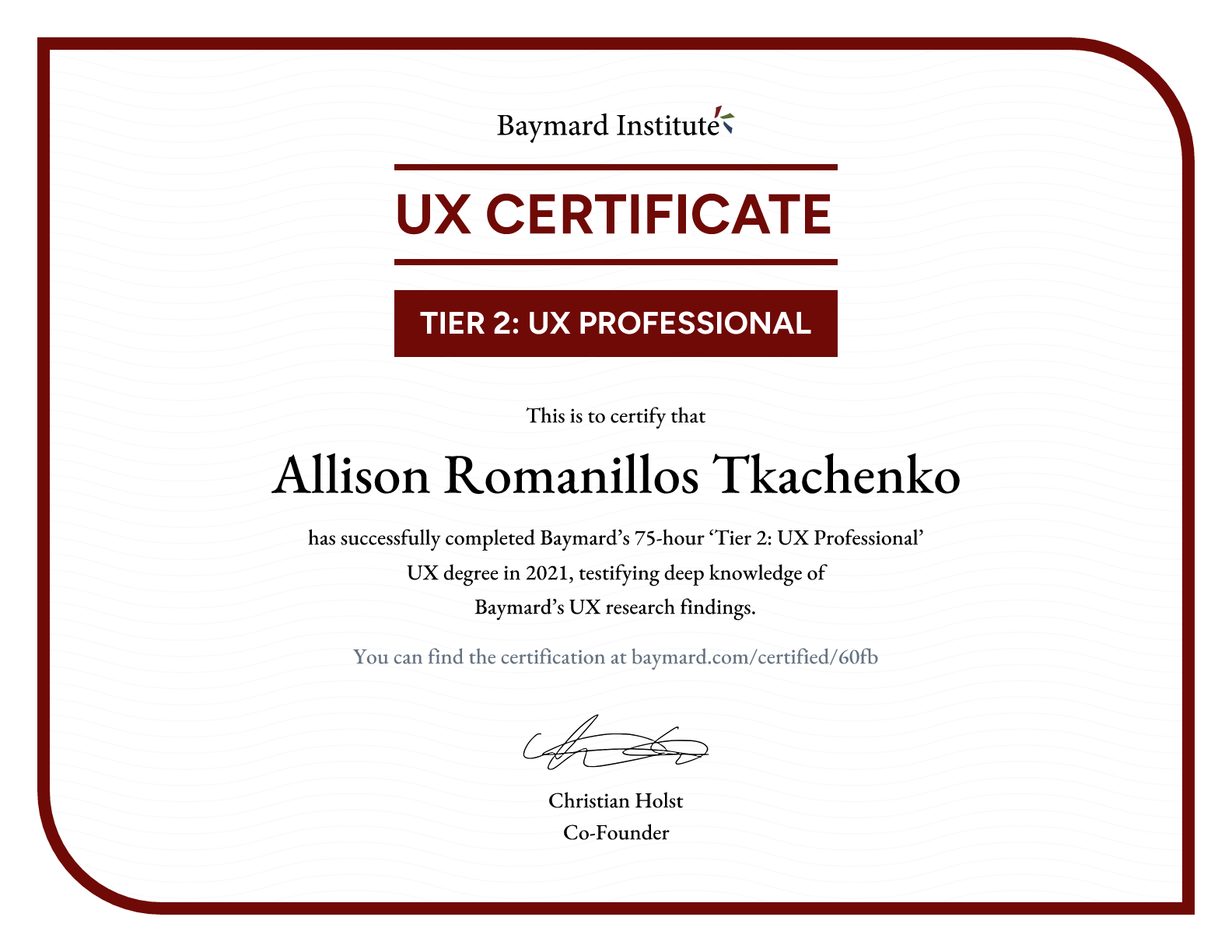 Allison Romanillos Tkachenko’s certificate