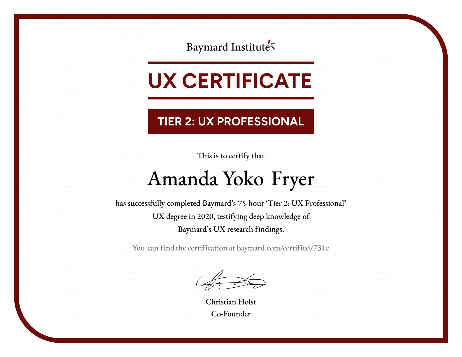 Amanda Yoko Fryer’s certificate