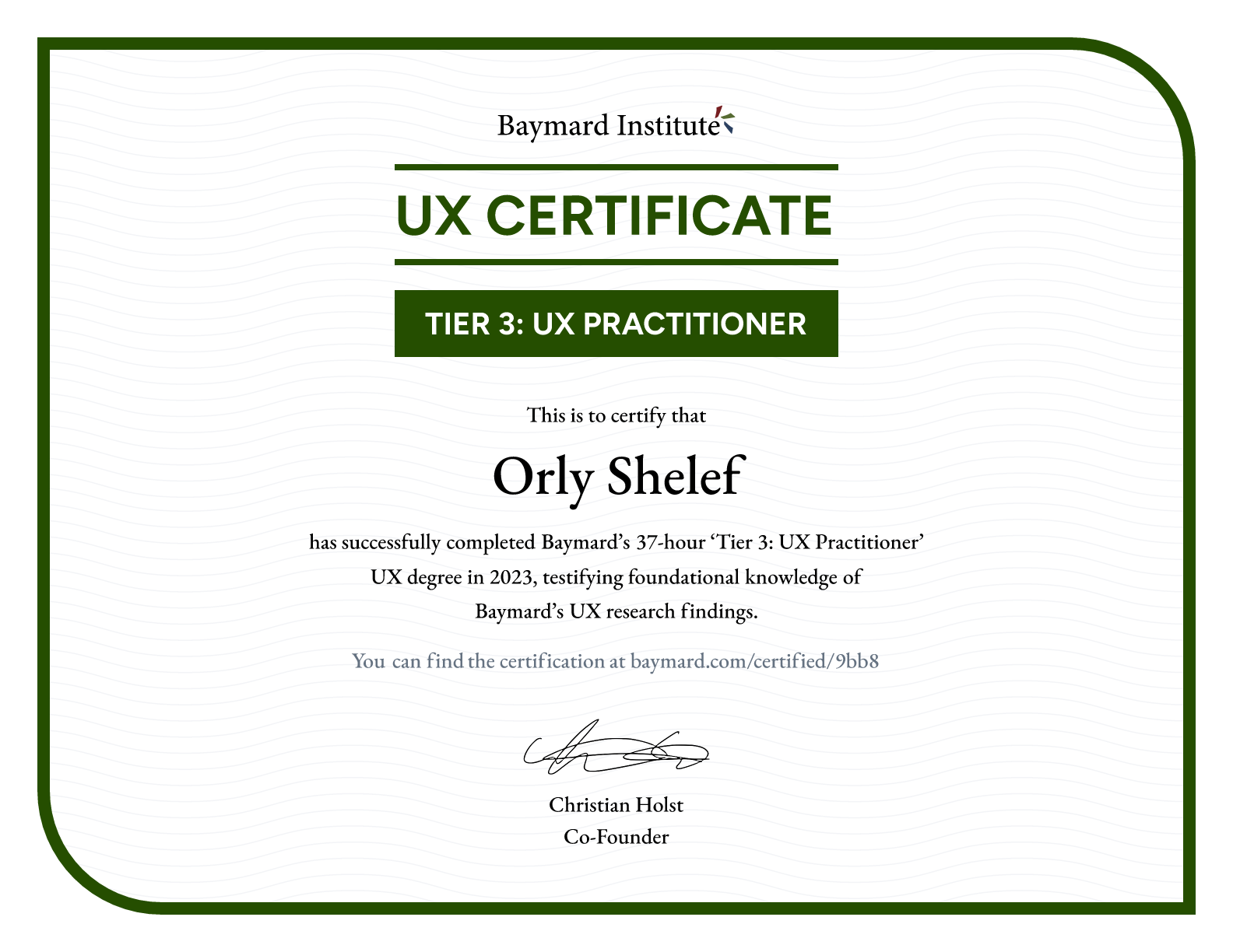 Orly Shelef’s certificate