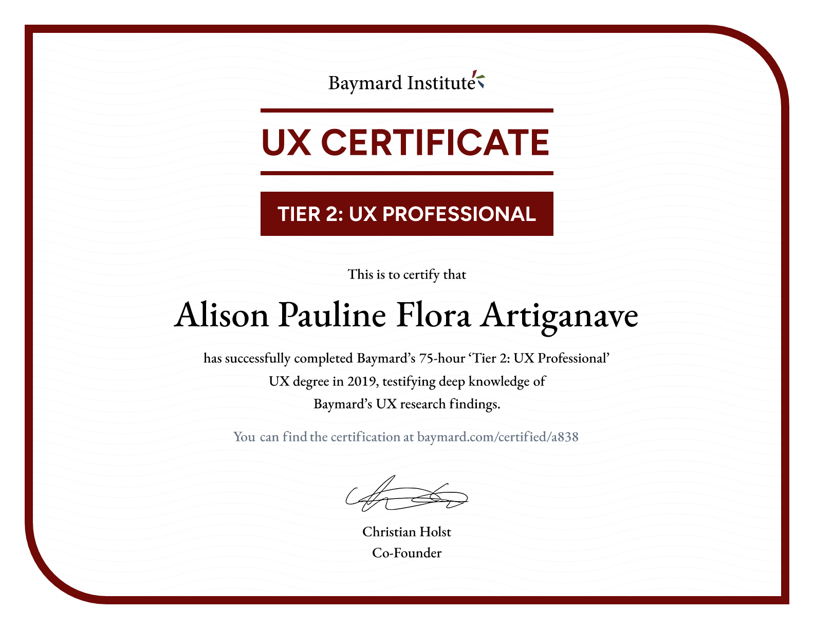 Alison Pauline Flora Artiganave’s certificate
