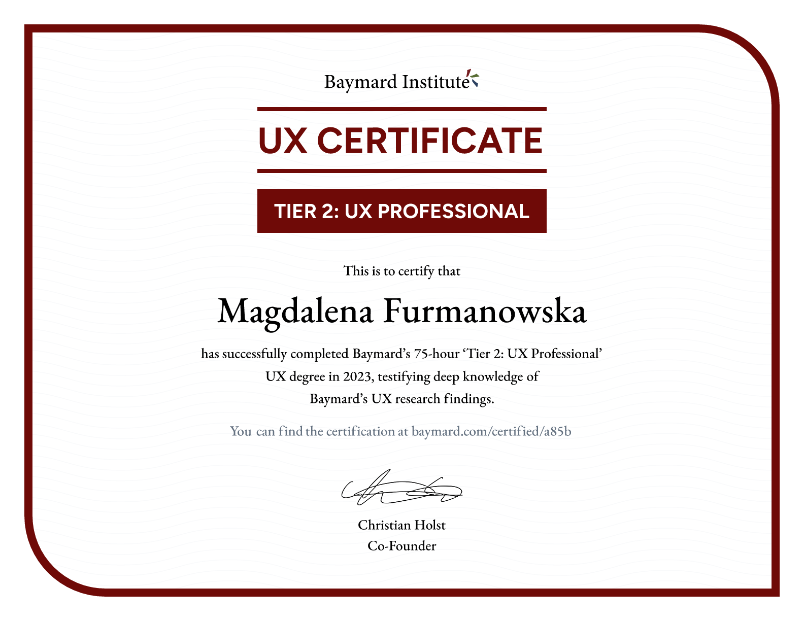 Magdalena Furmanowska’s certificate