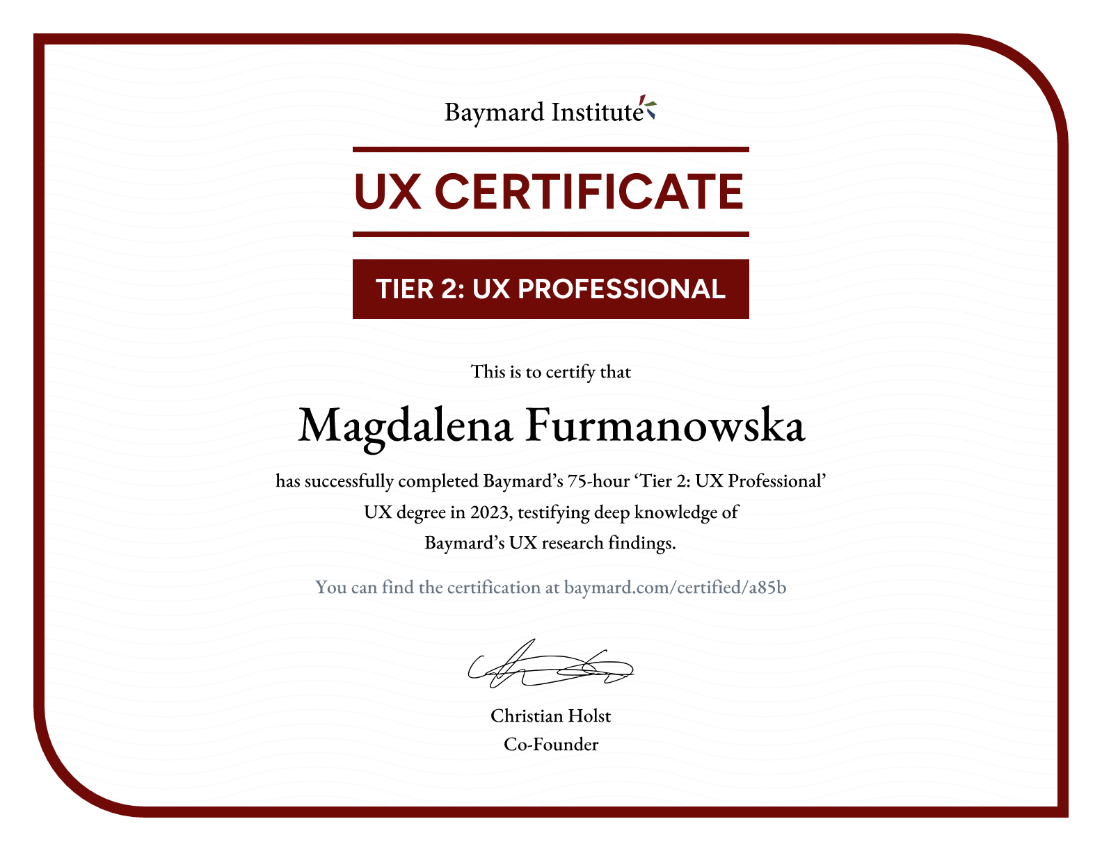 Magdalena Furmanowska’s certificate