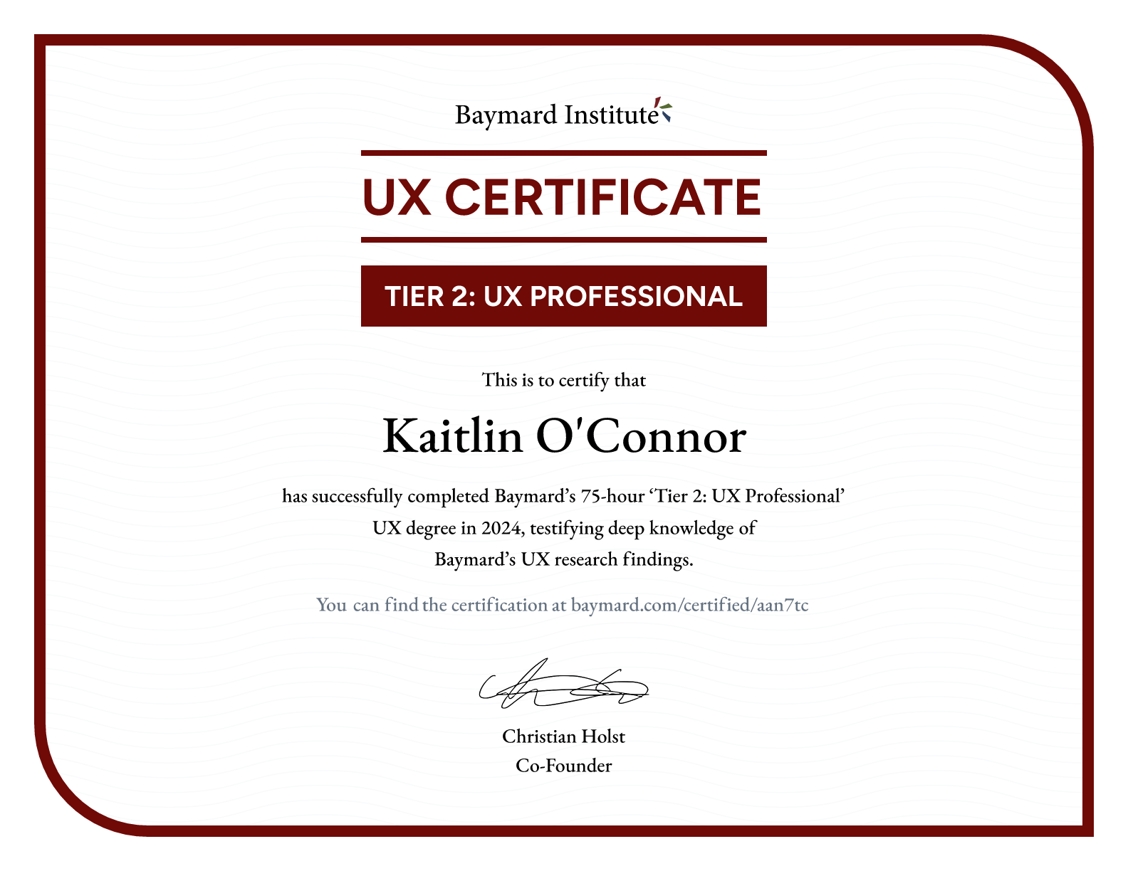 Kaitlin O'Connor’s certificate