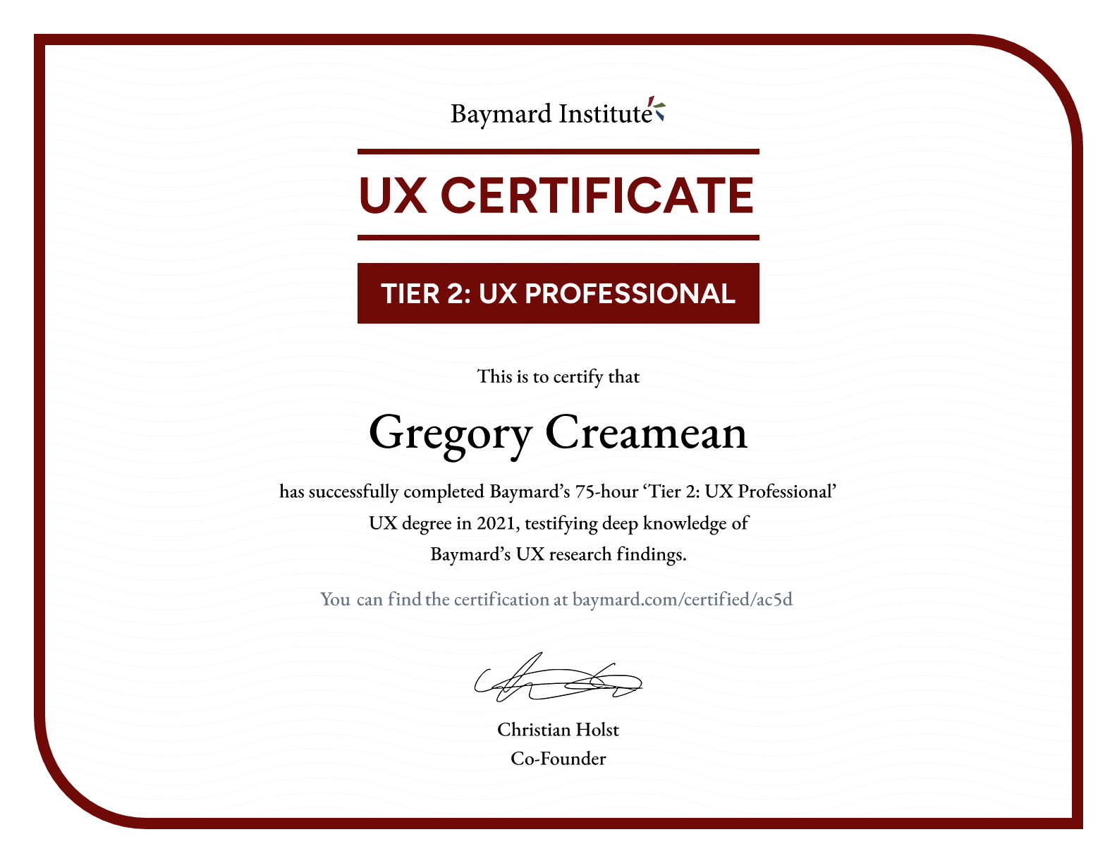 Gregory Creamean’s certificate