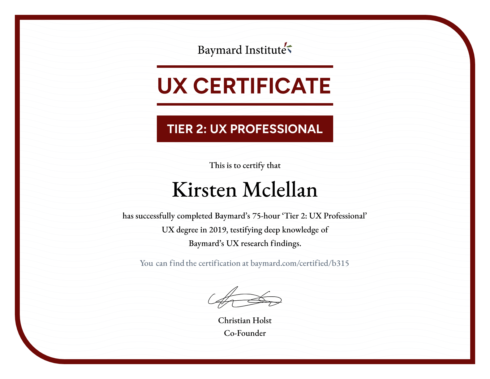 Kirsten Mclellan’s certificate