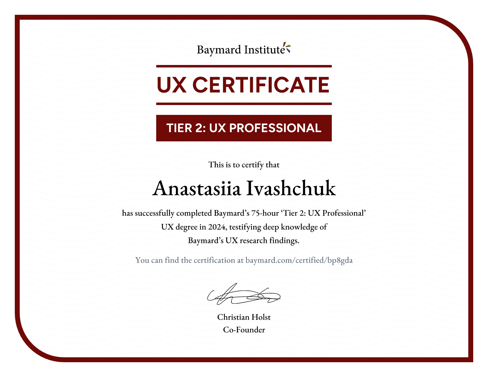 Anastasiia Ivashchuk’s certificate