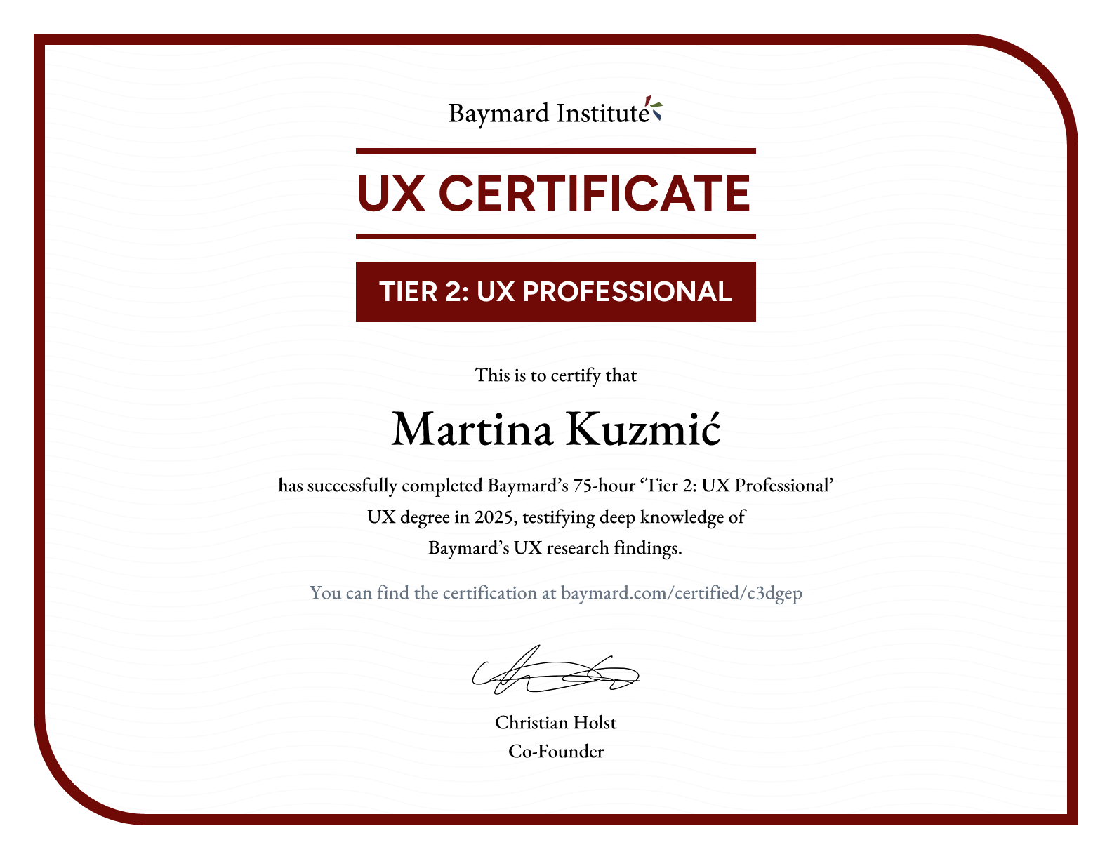 Martina Kuzmić’s certificate