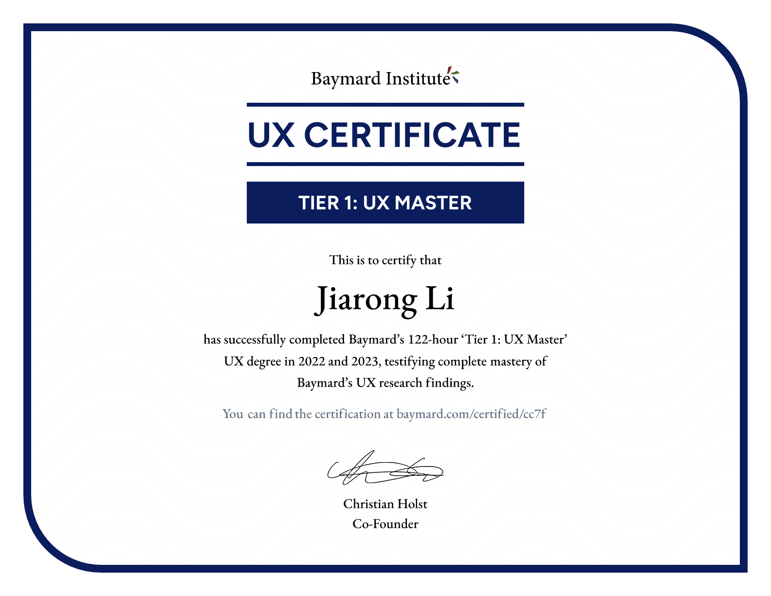 Jiarong Li’s certificate