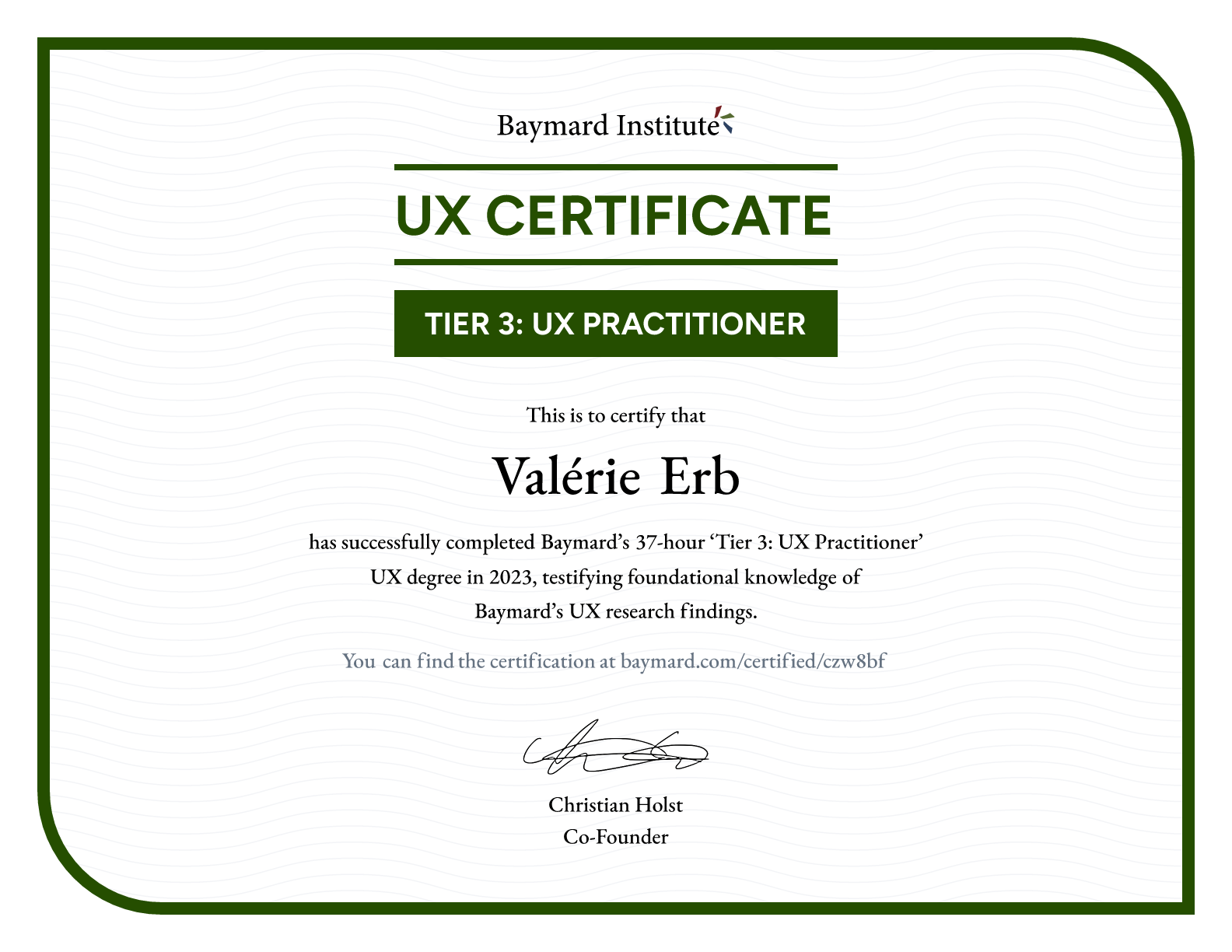 Valérie Erb’s certificate
