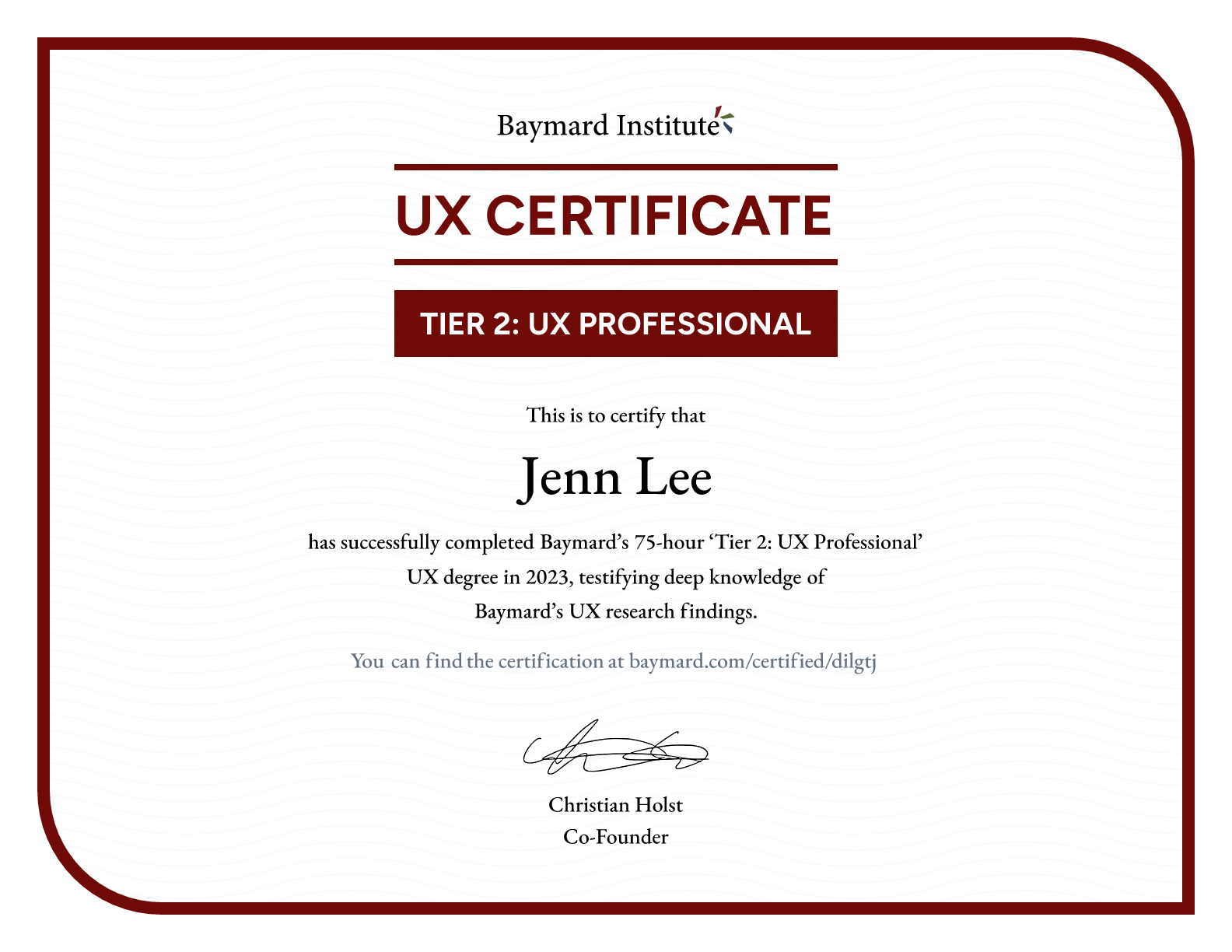 Jenn Lee’s certificate