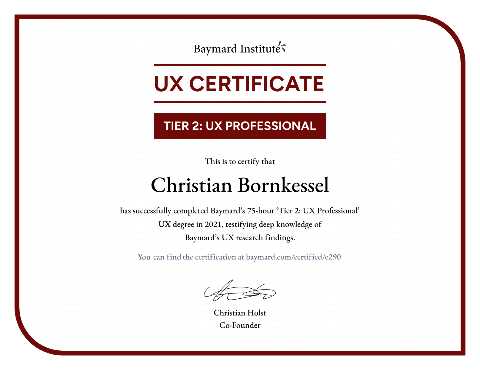 Christian Bornkessel’s certificate