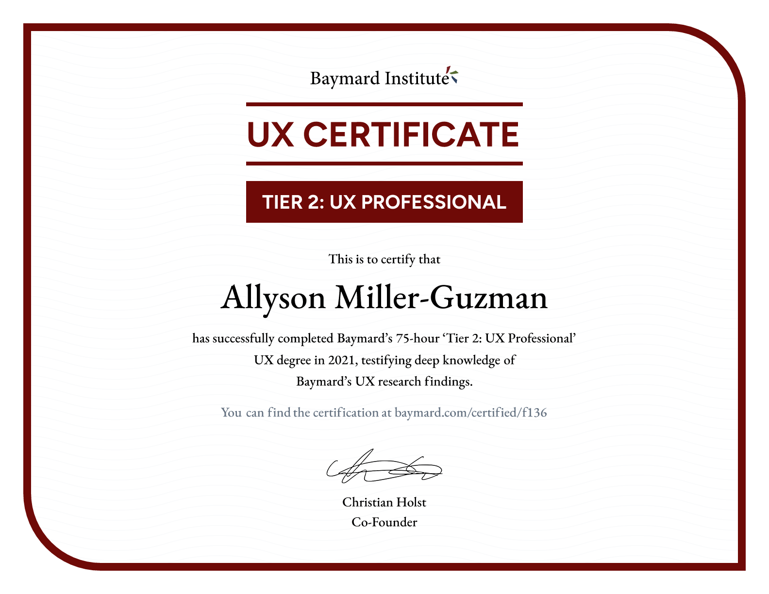 Allyson Miller-Guzman’s certificate