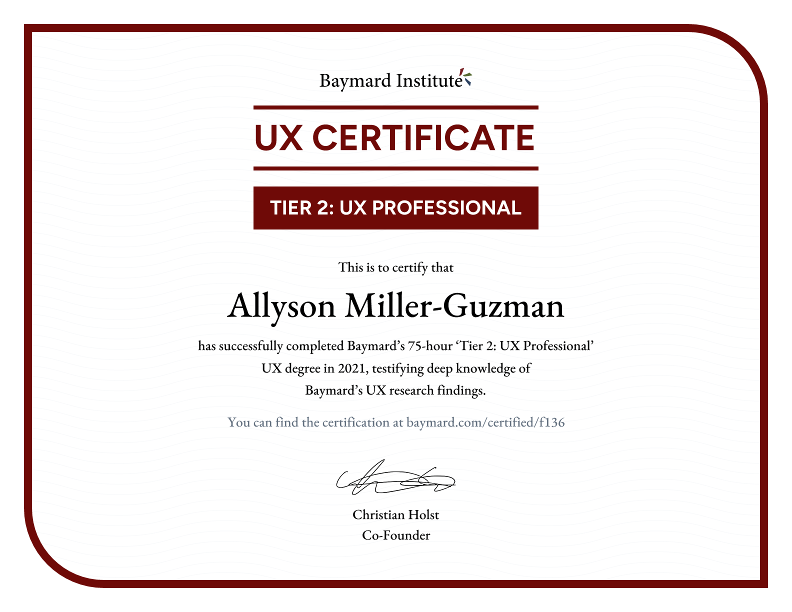 Allyson Miller-Guzman’s certificate