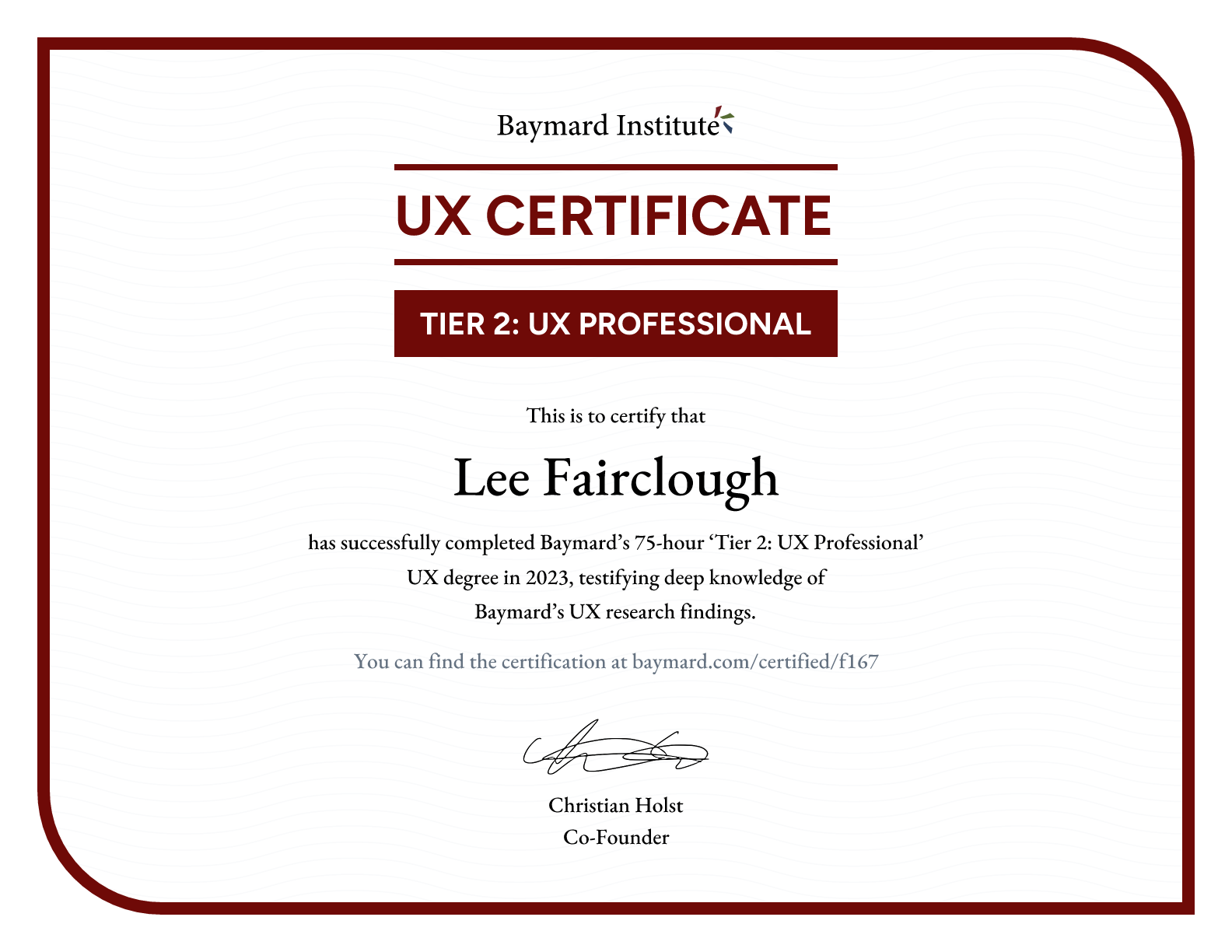 Lee Fairclough’s certificate