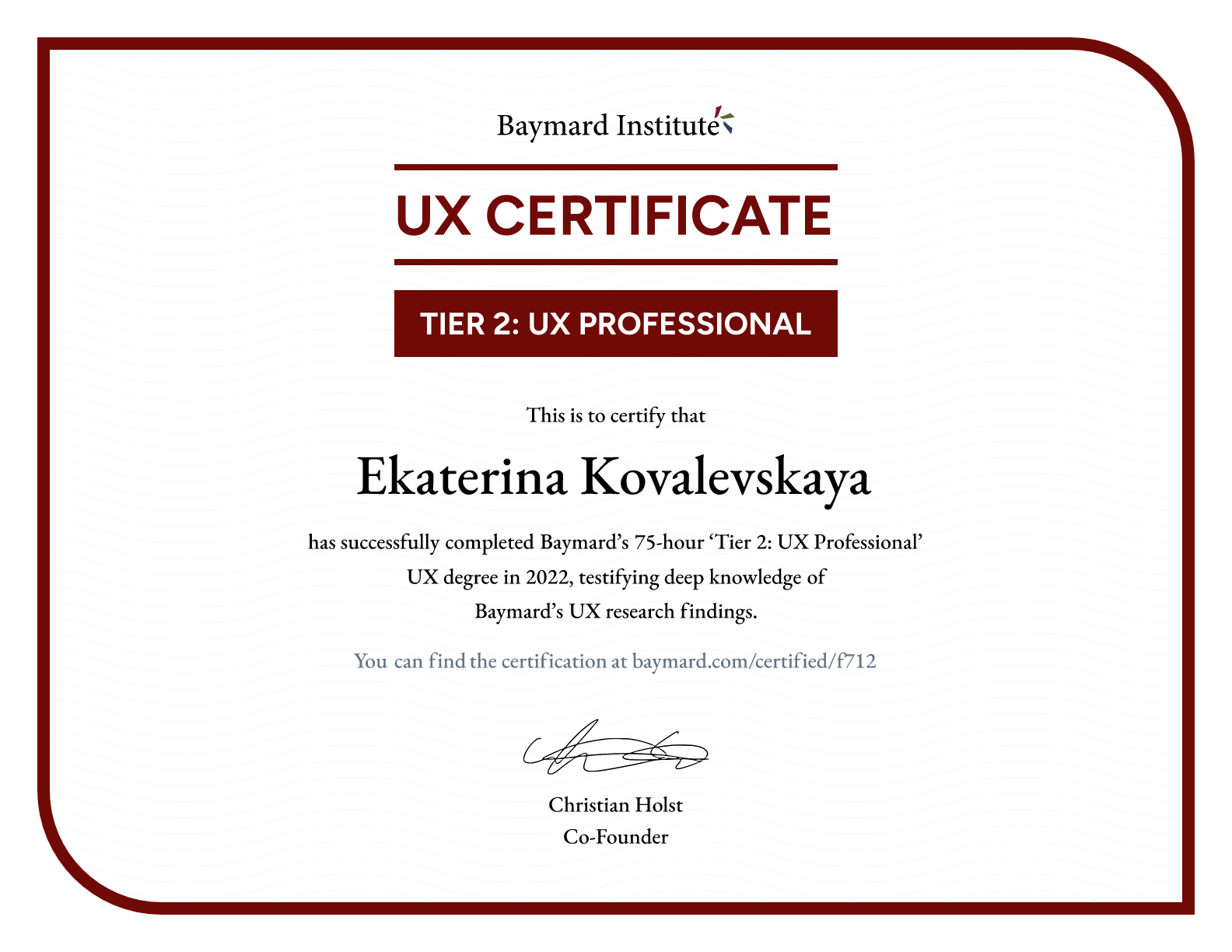 Ekaterina Kovalevskaya’s certificate