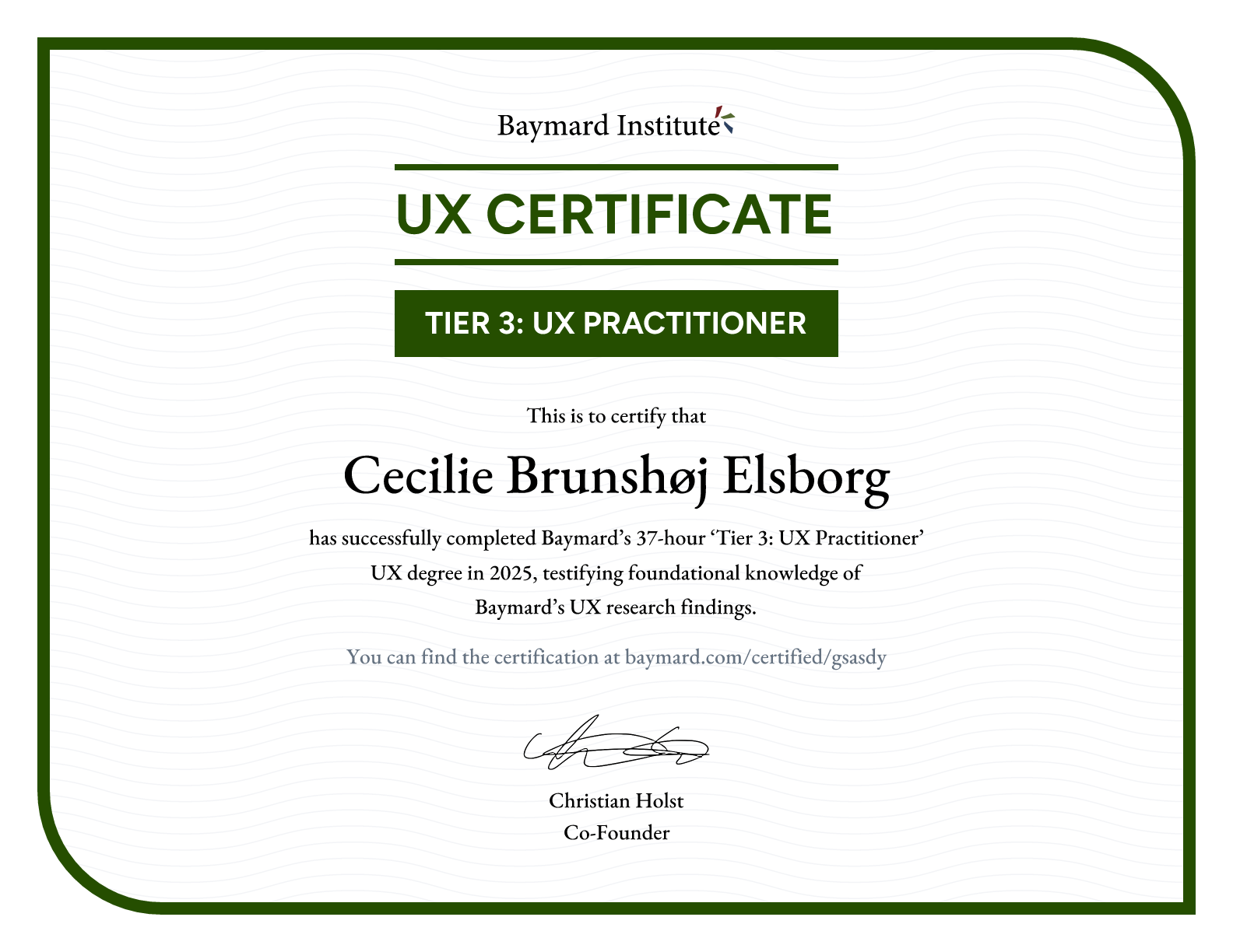 Cecilie Brunshøj Elsborg’s certificate