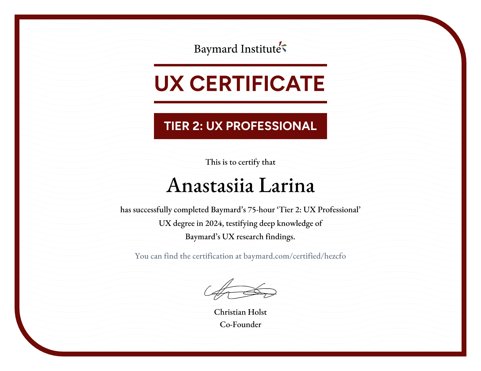 Anastasiia Larina’s certificate