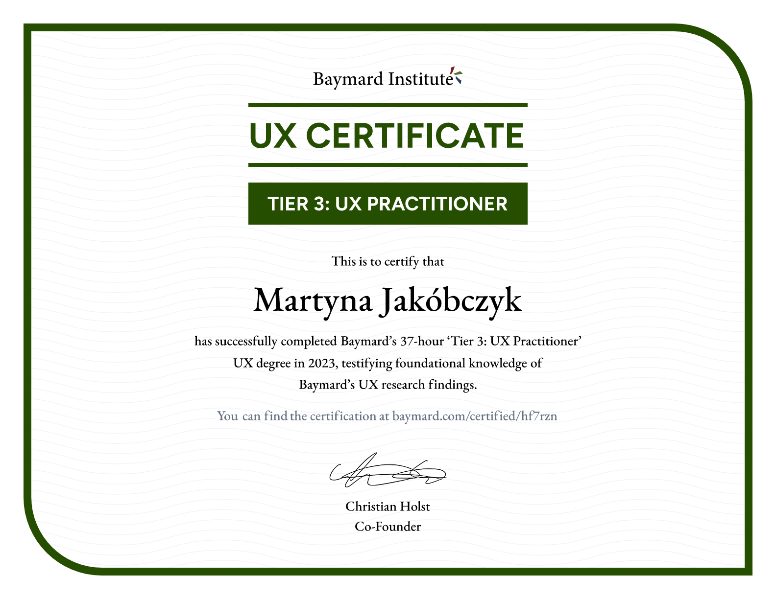 Martyna Jakóbczyk’s certificate