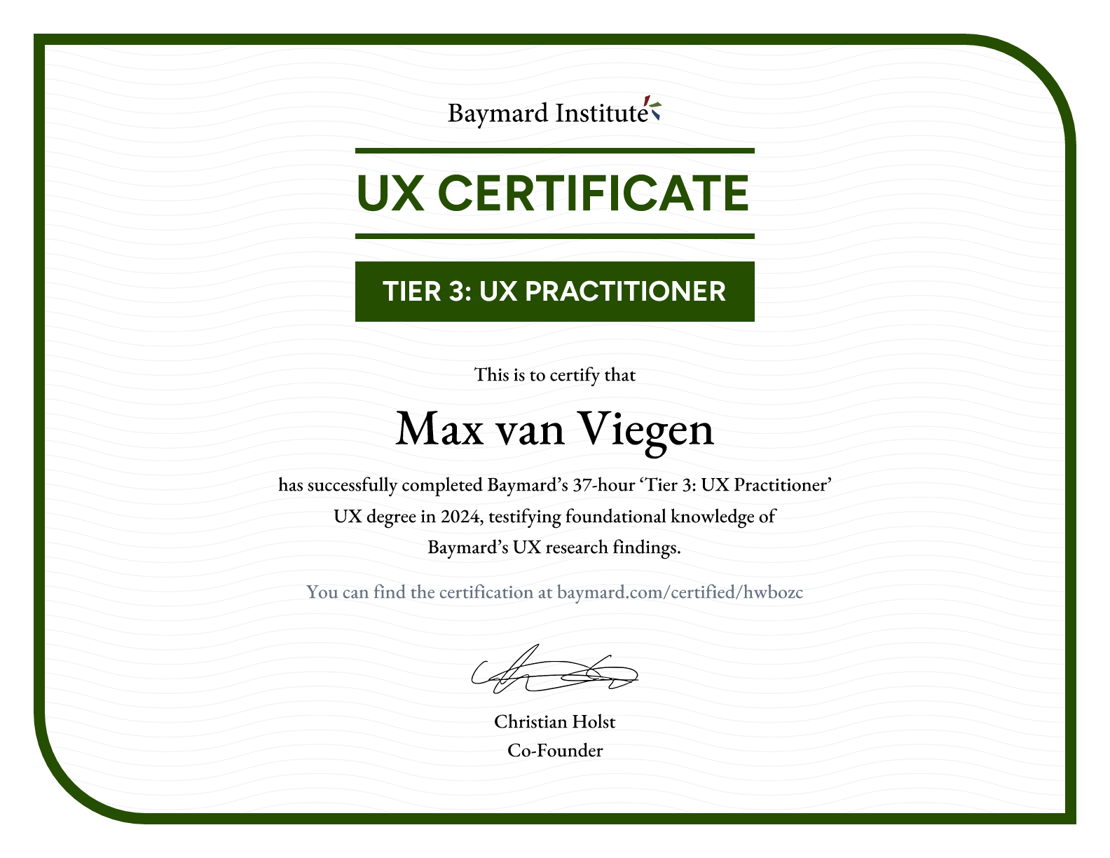 Max van Viegen’s certificate