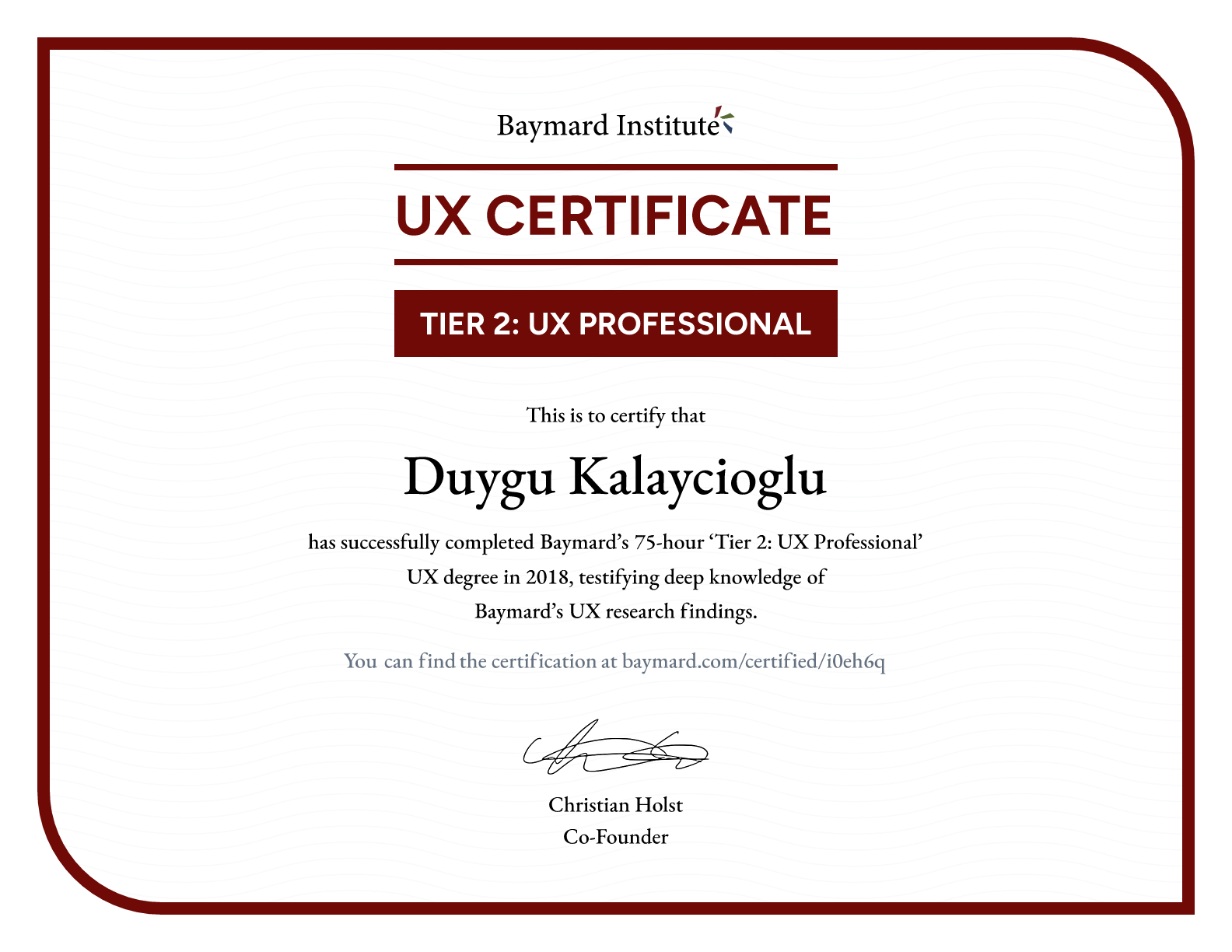 Duygu Kalaycioglu’s certificate
