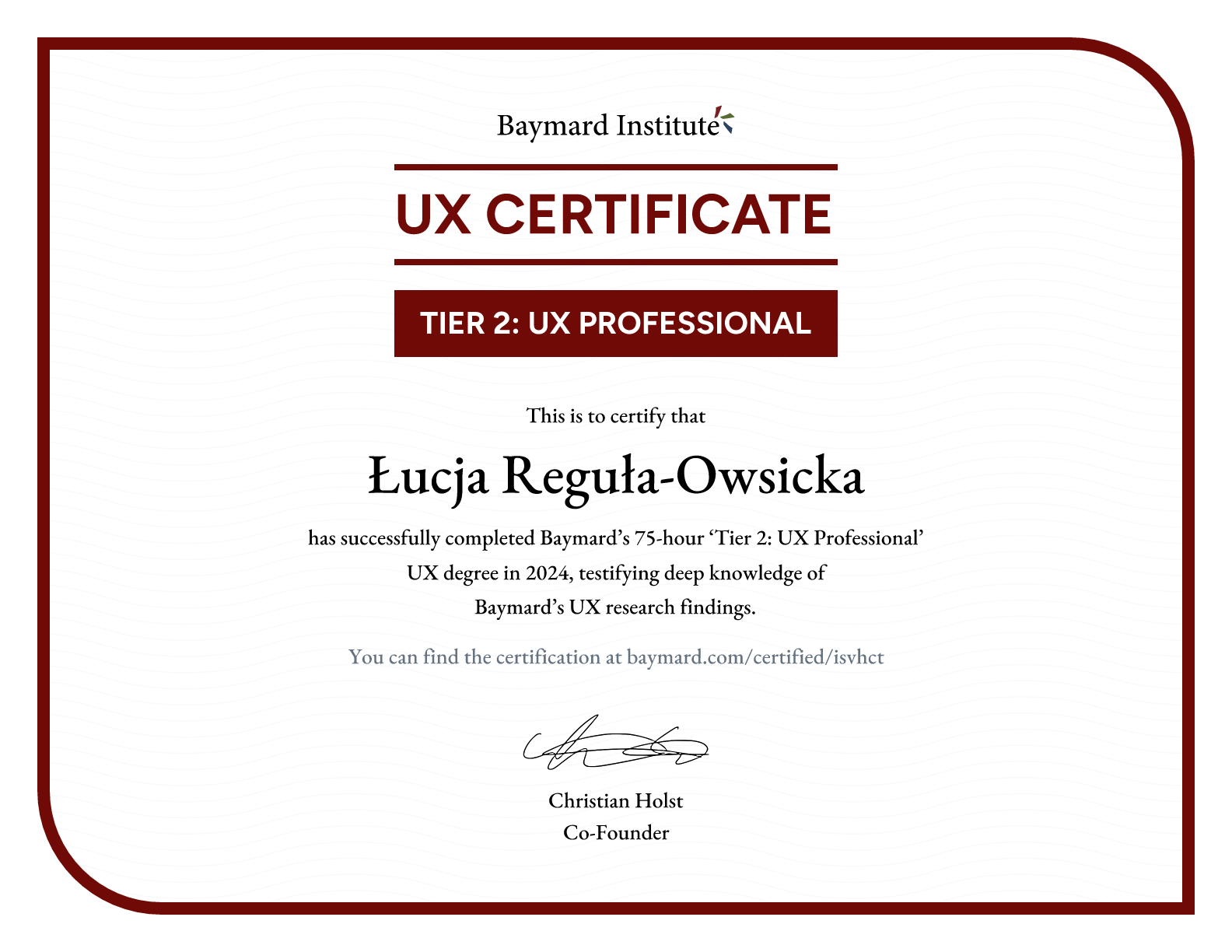 Łucja Reguła-Owsicka’s certificate