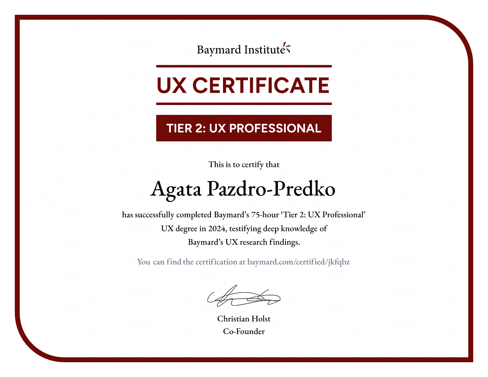 Agata Pazdro-Predko’s certificate