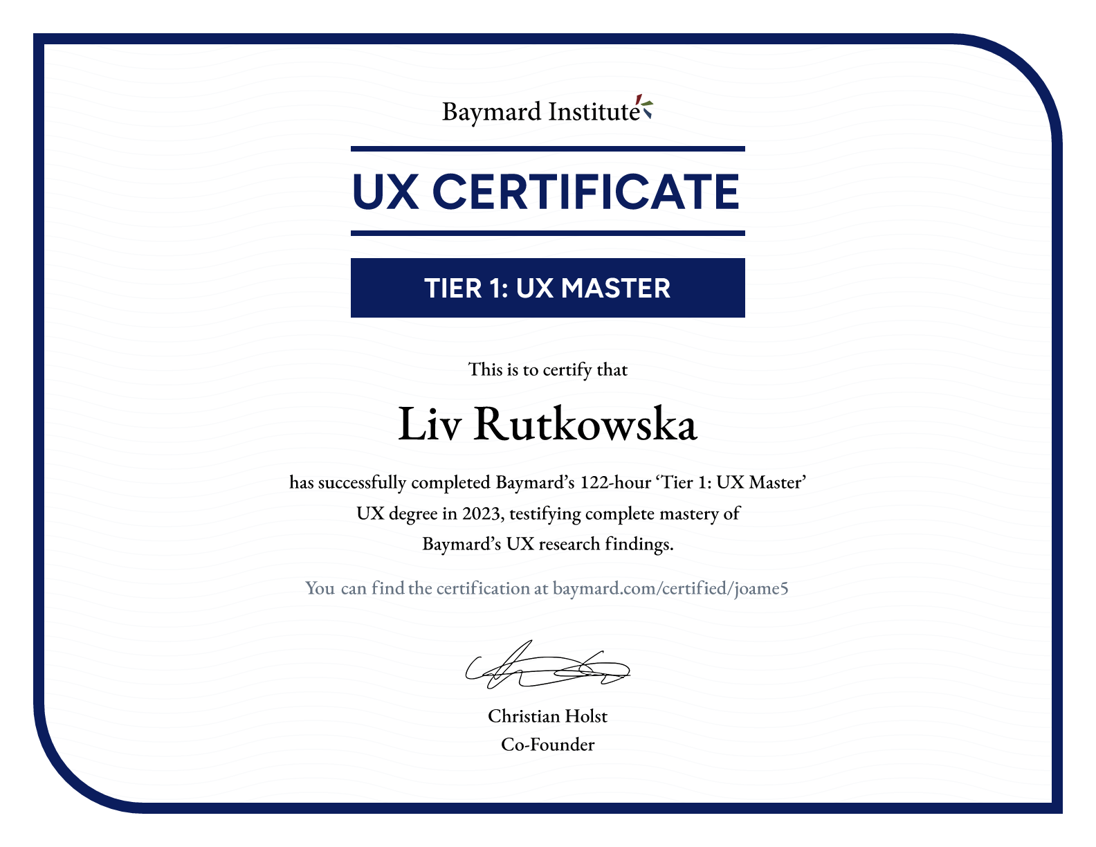 Liv Rutkowska’s certificate